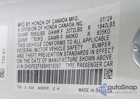 2025 Honda Civic Sport z USA, uszkodzony, nr VIN 2HGFE2F58SH516357